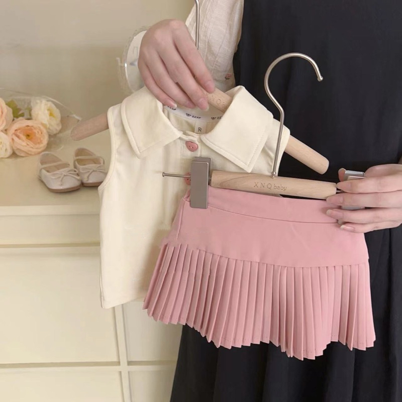 (Order) Áo sát nách khuy tim + chân váy tenis tiểu thư dành cho bé gái