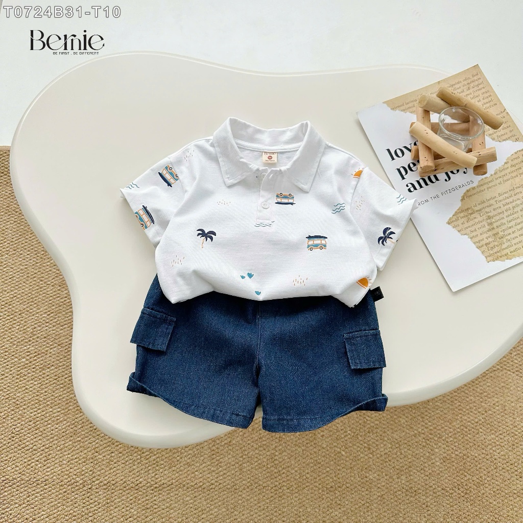 (Hãng Bernie)Bộ quần áo polo trắng chất vải cotton hình họa tiết ô tô cây dừa kèm quần short mềm phù hợp cho bé đi học