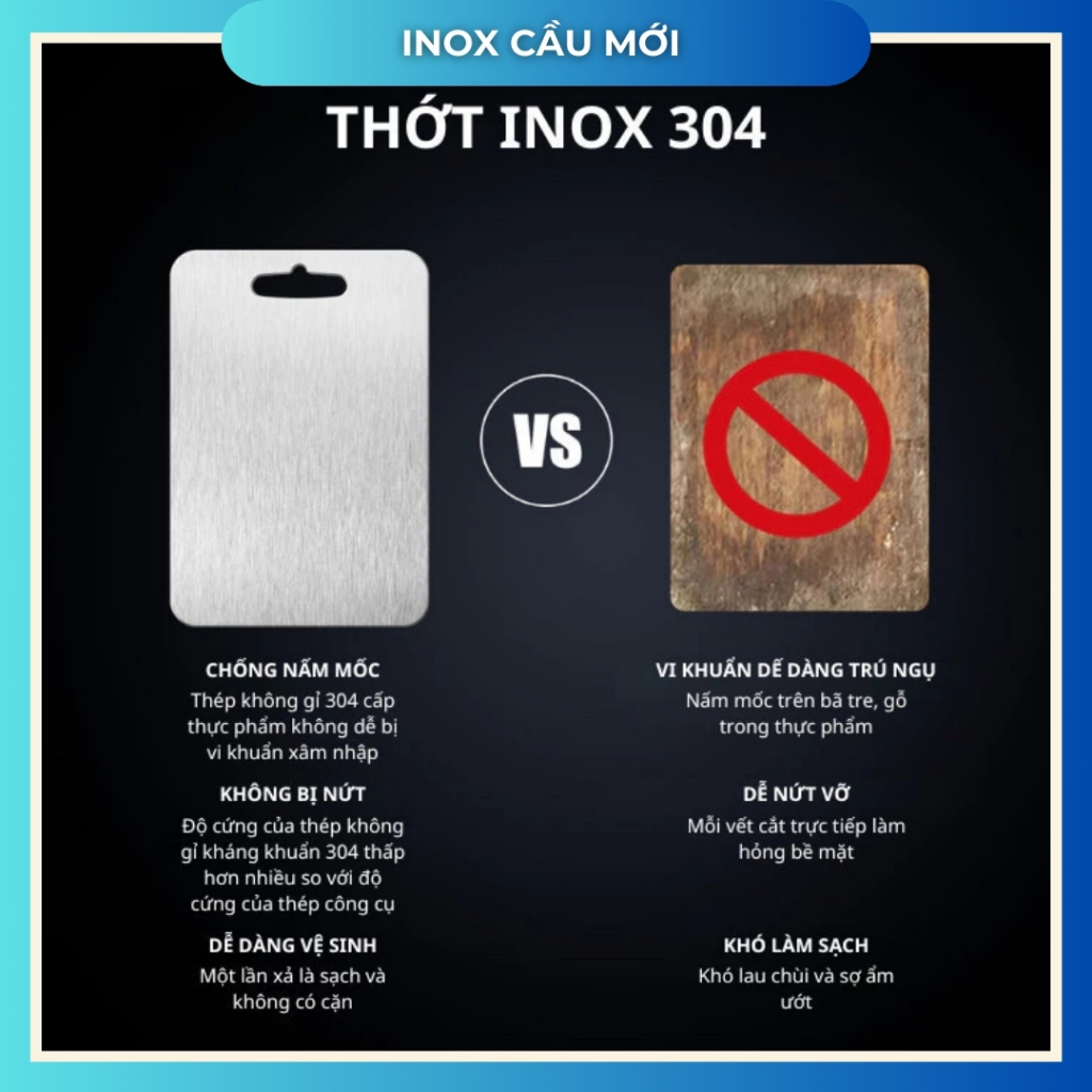 Thớt inox 304 kháng khuẩn cao cấp – chống ẩm mốc, vệ sinh dễ dàng, hàng chất lượng cao từ xưởng