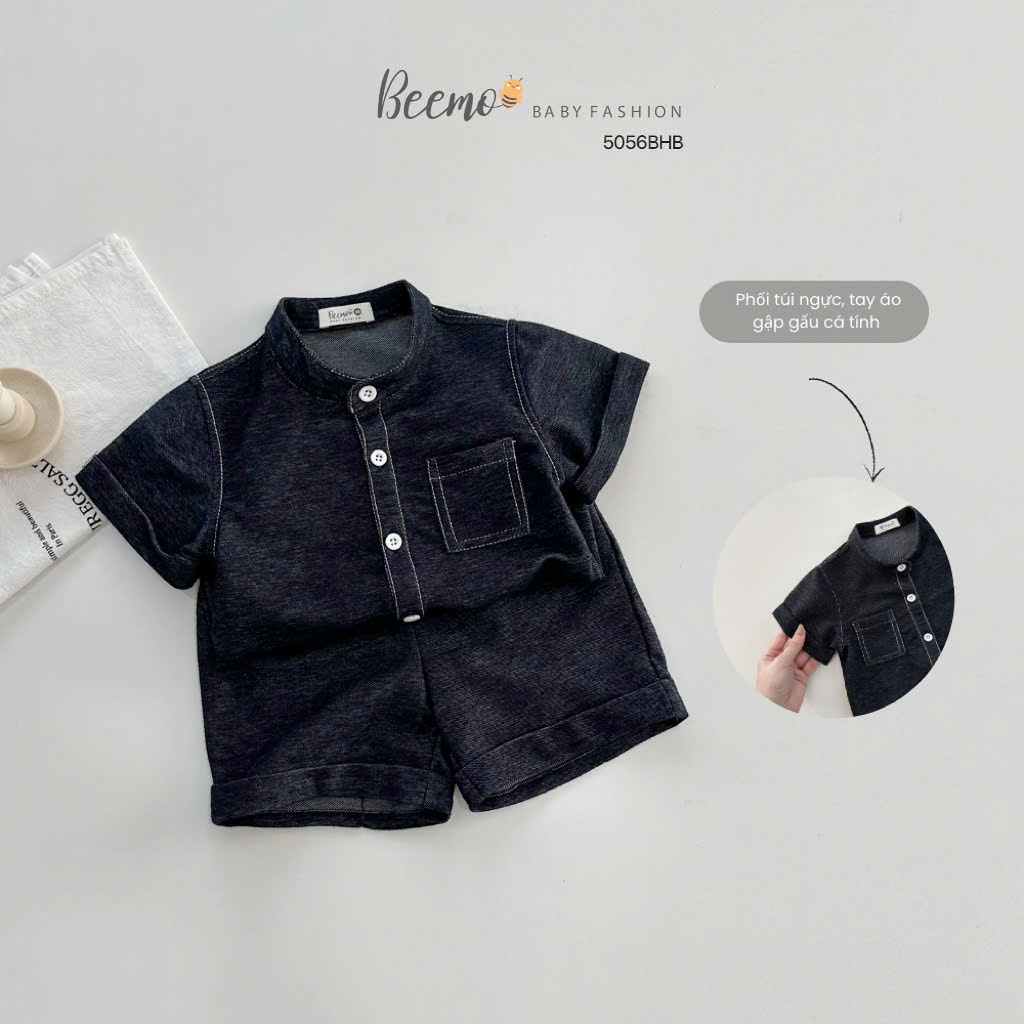 (HÃNG BEEMO) Bộ cộc tay cổ tàu chỉ nổi, chất liệu da cá giả bò mềm mại cho bé trai size 9-26kg