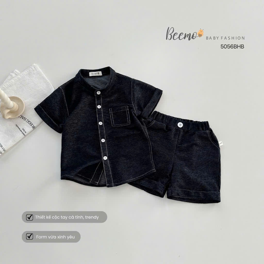 (HÃNG BEEMO) Bộ cộc tay cổ tàu chỉ nổi, chất liệu da cá giả bò mềm mại cho bé trai size 9-26kg