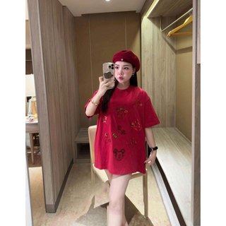 Áo Phông Thêu Mickey Kim Sa Đính Nổi Ngắn Tay Áo Thun Nữ Cổ Tròn Thêu Cườm Nổi