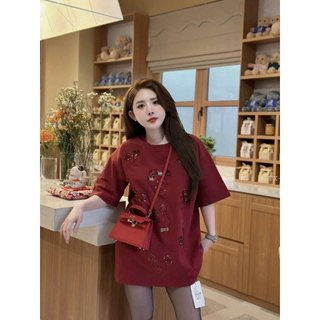 Áo Phông Thêu Mickey Kim Sa Đính Nổi Ngắn Tay Áo Thun Nữ Cổ Tròn Thêu Cườm Nổi