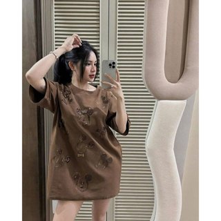 Áo Phông Thêu Mickey Kim Sa Đính Nổi Ngắn Tay Áo Thun Nữ Cổ Tròn Thêu Cườm Nổi