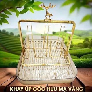 Khay úp cốc , ly đế lớn hoạ tiết hươu mạ bạc , vàng sang trọng đế lớn tiện lợi