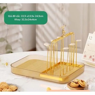 Khay úp cốc , ly đế lớn hoạ tiết hươu mạ bạc , vàng sang trọng đế lớn tiện lợi