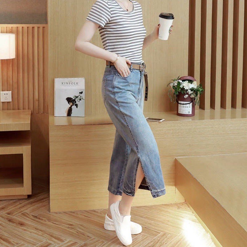 Quần Jeans nữ lửng ống xuông xẻ tà tôn dáng cá tính trẻ trung, Quần Jeans phong cách Hàn Quốc D1157