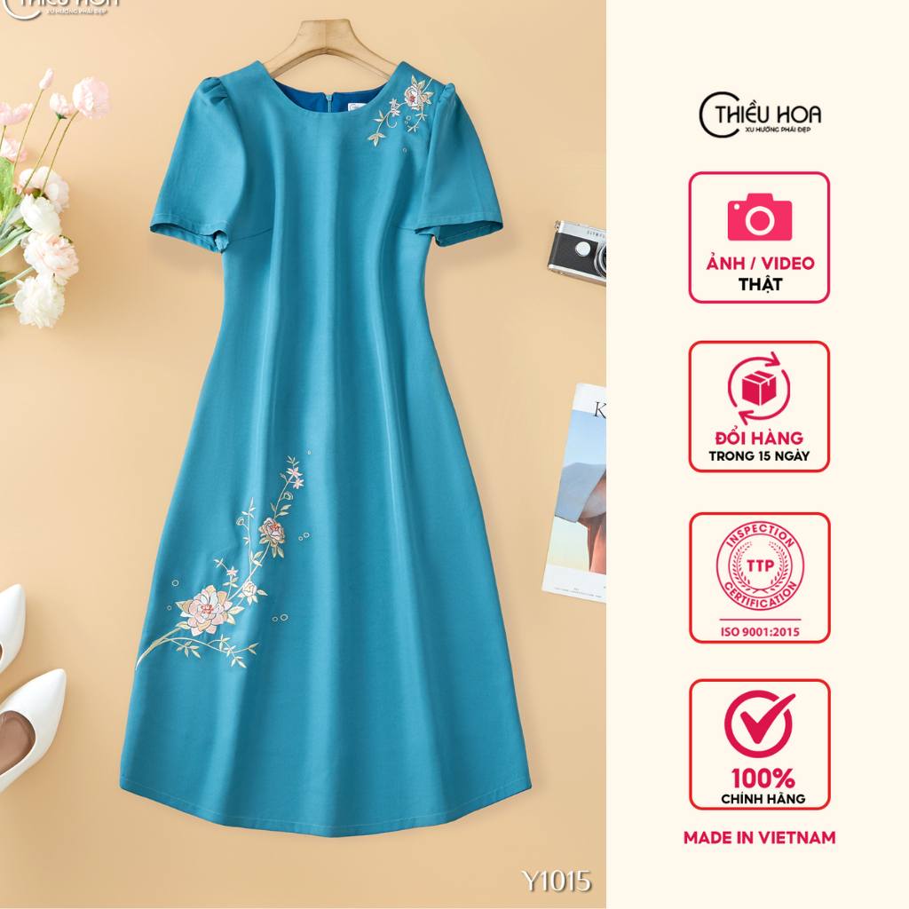 Đầm trung niên thiết kế tinh tế chất liệu  Cotton Lạnh Hàn Quốc thương hiệu Thiều Hoa DD4Y1015