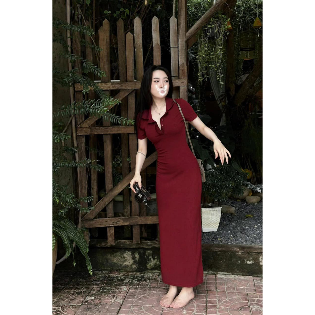 đầm nữ , váy nữ body dáng dài 2 màu đỏ đen basic tôn dáng đi chơi dự tiệc Donna Hcom25124