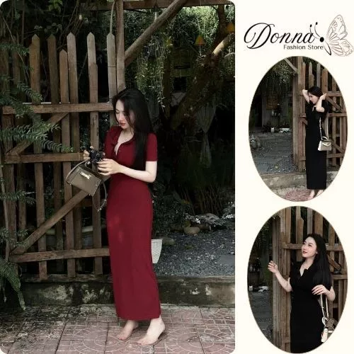 đầm nữ , váy nữ body dáng dài 2 màu đỏ đen basic tôn dáng đi chơi dự tiệc Donna Hcom25124
