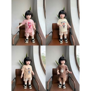 Bộ cotton cộc tay bé gái in hoạ tiết phối quần thô kẻ mềm mát, set cộc tay bé gái xinh xắn