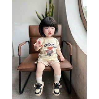 Bộ cotton cộc tay bé gái in hoạ tiết phối quần thô kẻ mềm mát, set cộc tay bé gái xinh xắn