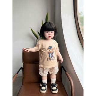 Bộ cotton cộc tay bé gái in hoạ tiết phối quần thô kẻ mềm mát, set cộc tay bé gái xinh xắn