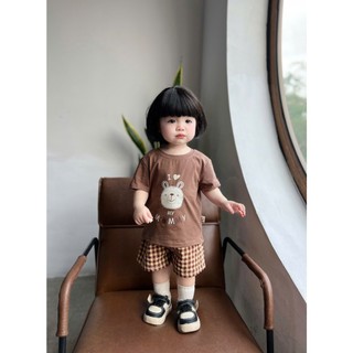 Bộ cotton cộc tay bé gái in hoạ tiết phối quần thô kẻ mềm mát, set cộc tay bé gái xinh xắn