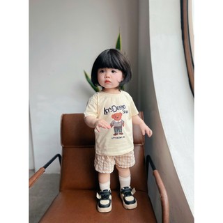 Bộ cotton cộc tay bé gái in hoạ tiết phối quần thô kẻ mềm mát, set cộc tay bé gái xinh xắn