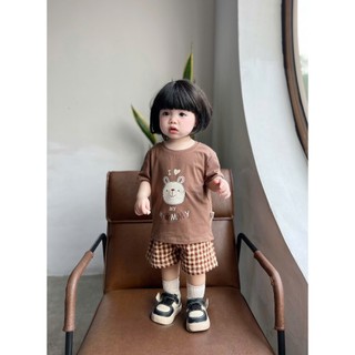 Bộ cotton cộc tay bé gái in hoạ tiết phối quần thô kẻ mềm mát, set cộc tay bé gái xinh xắn