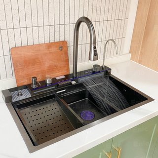 Chậu Rửa Bát 1 Hố Cao Cấp Hato Hiển Thị Nhiệt Độ, Bồn Rửa Chén 1 Ngăn Lớn Kèm Vòi Lọc Nước, Thác Nước, Vòi Xịt
