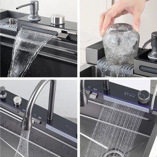 Chậu Rửa Bát 1 Hố Cao Cấp Hato Hiển Thị Nhiệt Độ, Bồn Rửa Chén 1 Ngăn Lớn Kèm Vòi Lọc Nước, Thác Nước, Vòi Xịt