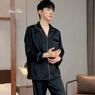 Pijama lụa nam màu đen mặc nhà cao cấp (Có ảnh thật cận vải), bộ đồ ngủ pijama nam - Sincethen