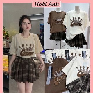 Set Bộ Đồ Nữ Áo Phông Logo QUEEN Đính Đá Kim Sa Nổi Mix Chân Váy Kẻ Caro Xòe Xếp Ly