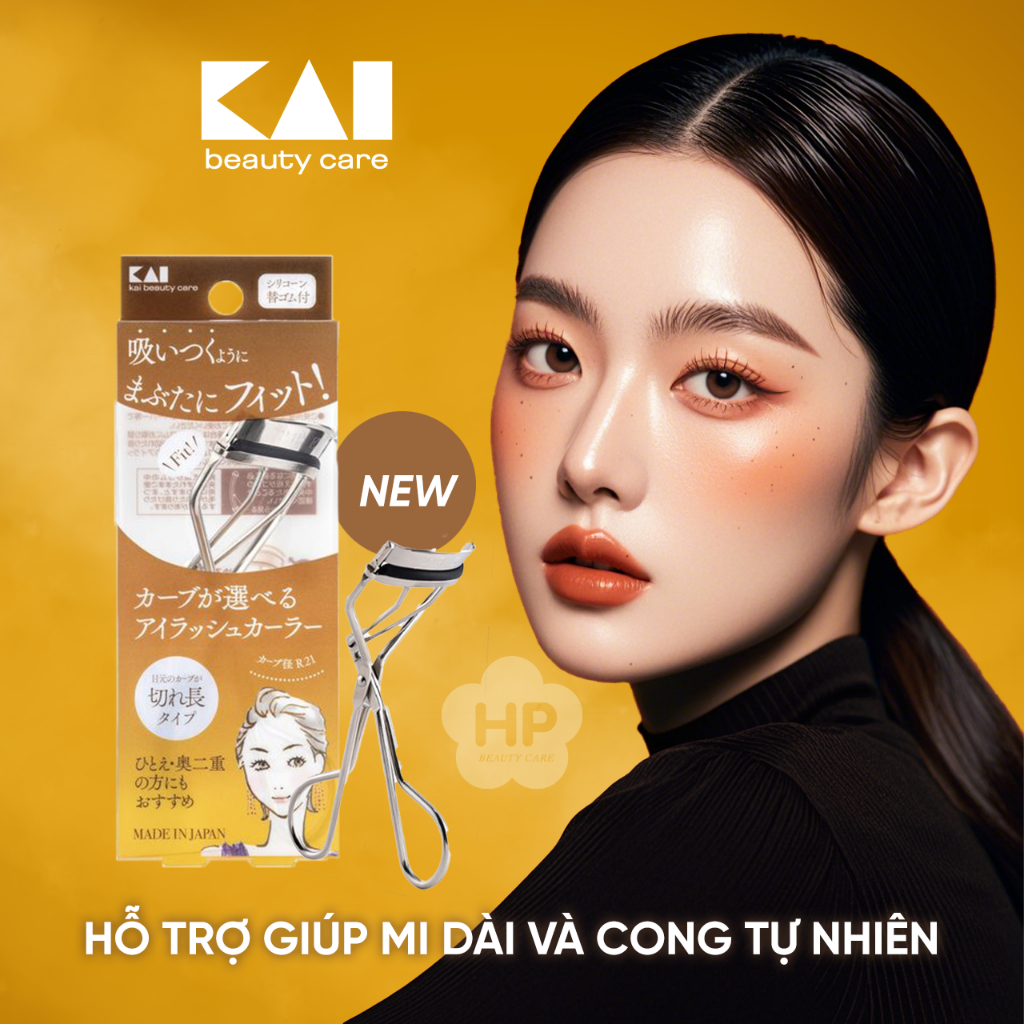 Dụng Cụ Bấm Cong Lông Mi Kai Thân Thép Không Gỉ Kai KQ-3162 (Hộp Màu Vàng)