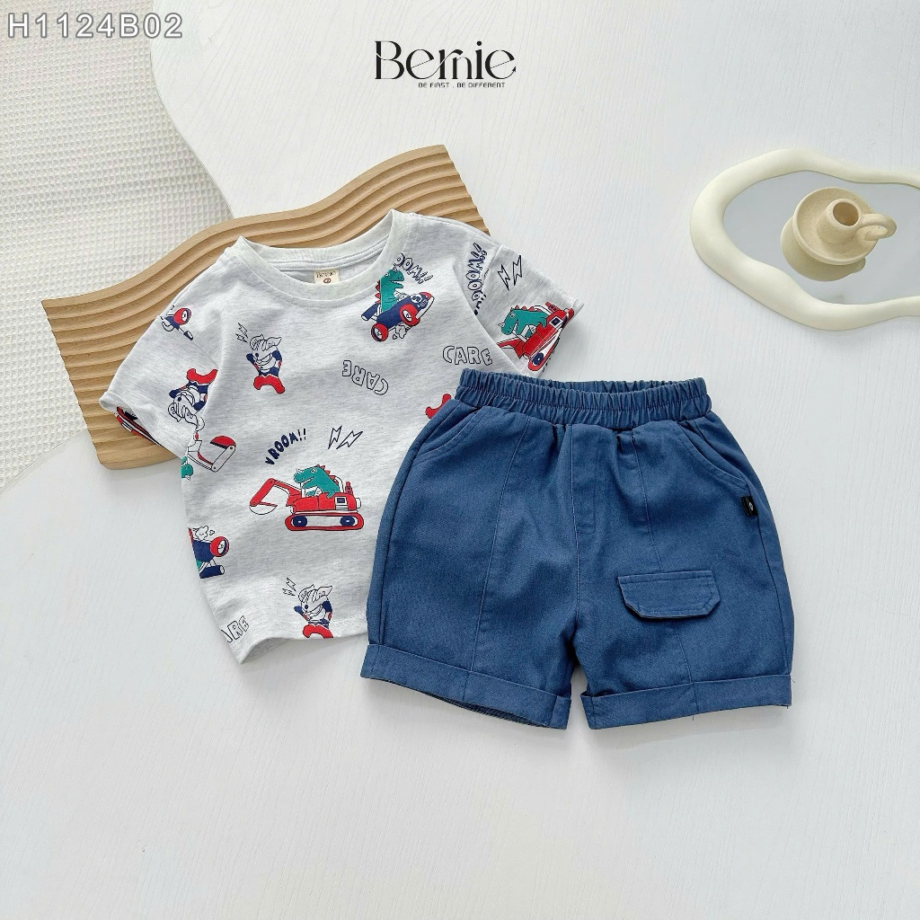 Bộ cotton cộc tay in tràn hoạ tiết siêu nhân khủng long, bộ bé trai áo cotton phối quần bò cá tính H1124B02