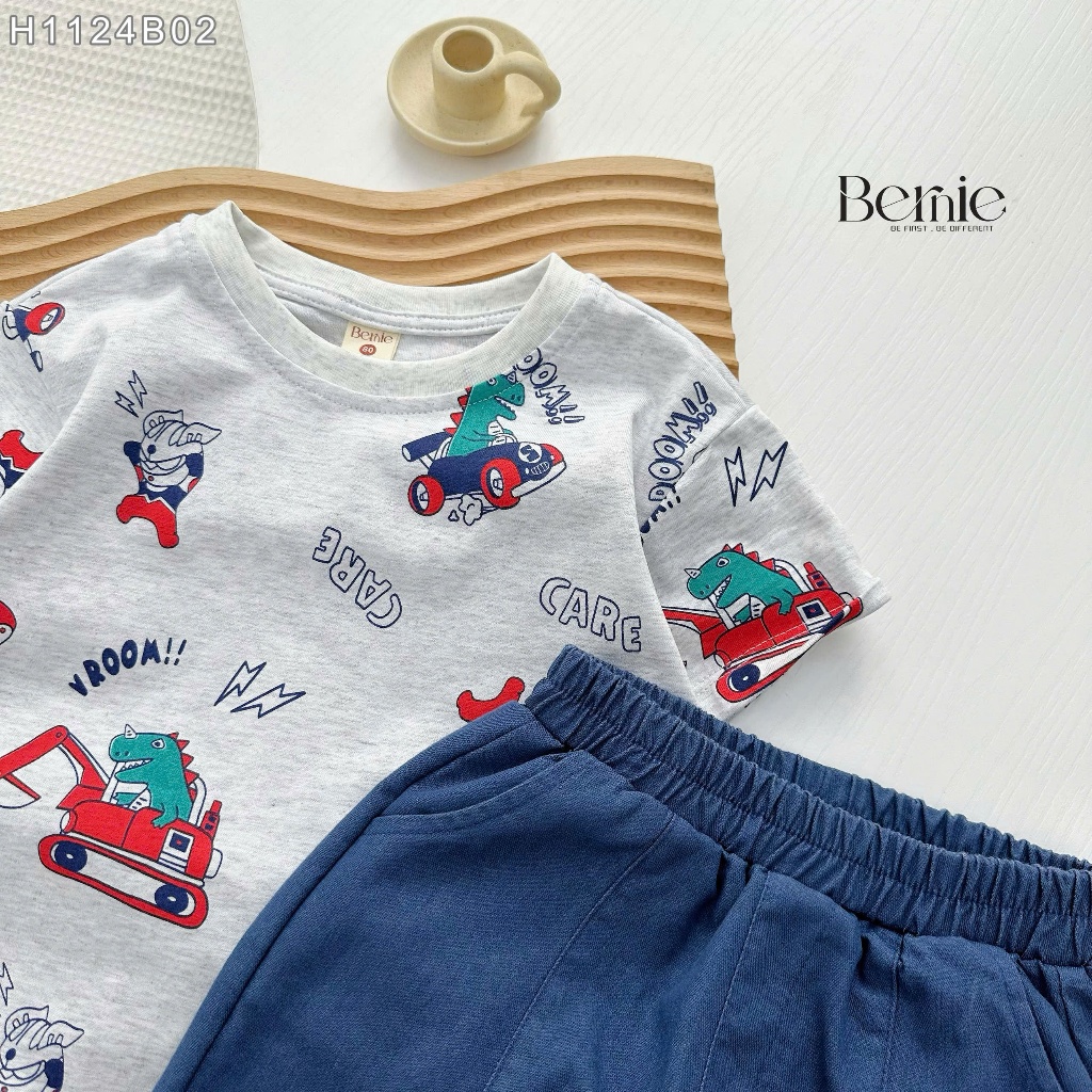 Bộ cotton cộc tay in tràn hoạ tiết siêu nhân khủng long, bộ bé trai áo cotton phối quần bò cá tính H1124B02