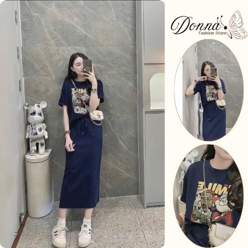 set váy nữ , áo thun nữ  họa tiết cute phối chân váy dài suông midi màu xanh than Donna hcom25133