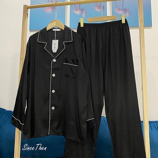 Pijama lụa đôi (Có ảnh thật cận vải), đồ ngủ đôi nam nữ dài tay màu đen - Sincethen