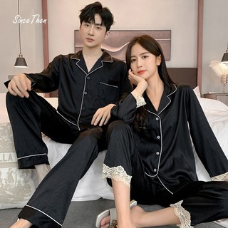 Pijama lụa đôi (Có ảnh thật cận vải), đồ ngủ đôi nam nữ dài tay màu đen - Sincethen