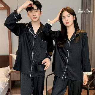 Pijama lụa đôi (Có ảnh thật cận vải), đồ ngủ đôi nam nữ dài tay màu đen - Sincethen