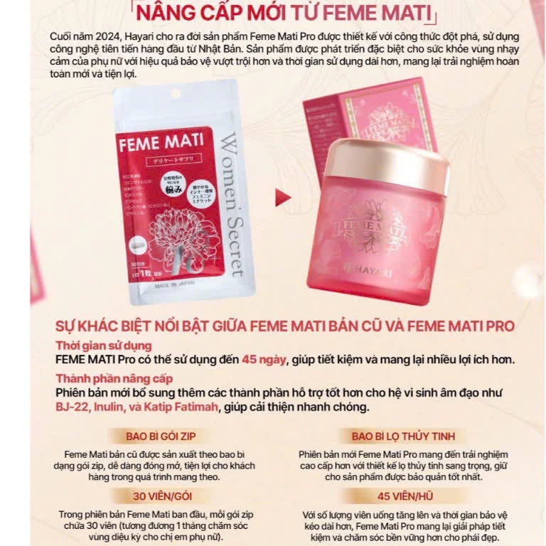 Viên Uống Feme Mati Hayari Nhật Bản Men Vi Sinh Hỗ Trợ Cân Bằng Hệ Vi Sinh Nữ 45 viên