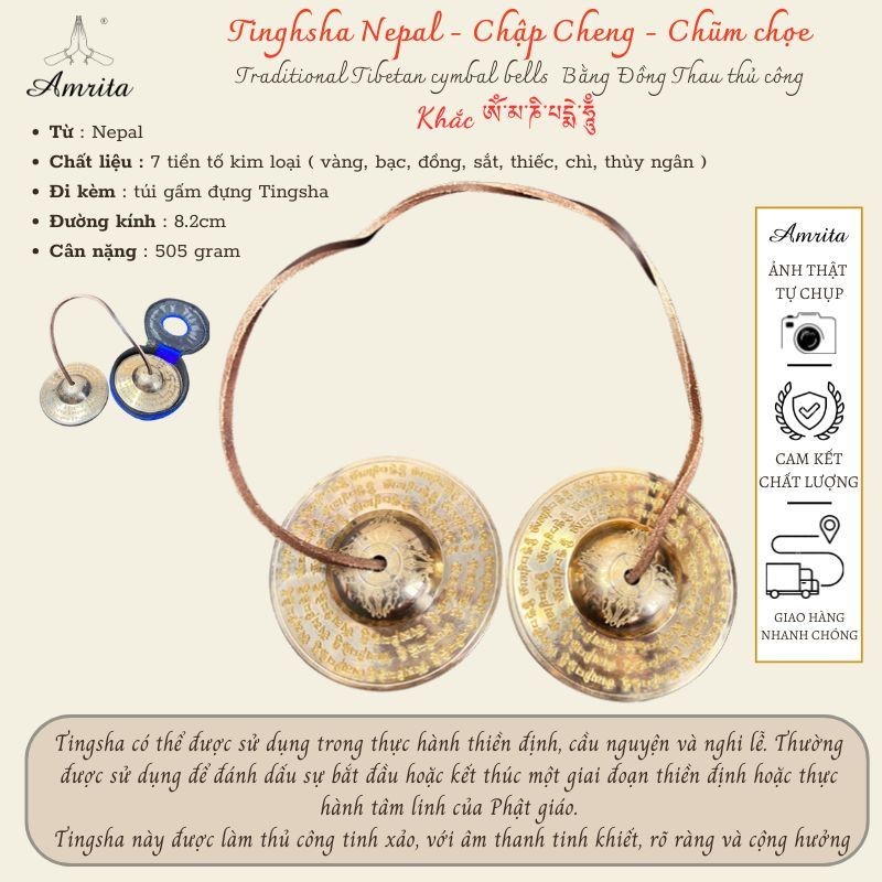 Tingsha Nepal - Chập Cheng Cao Cấp Nepal Khắc Om Mani Padme Hum- Phật giáo Amrita