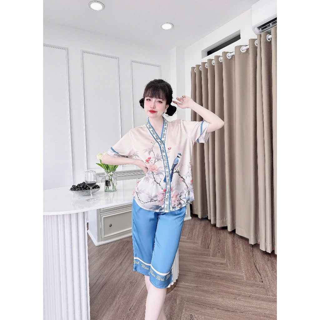 Bộ ngủ nữ cổ Y lửng họa tiết 3D chất liệu lụa latin thoáng mát thấm hút mồ hôi tốt, mềm mại S1235