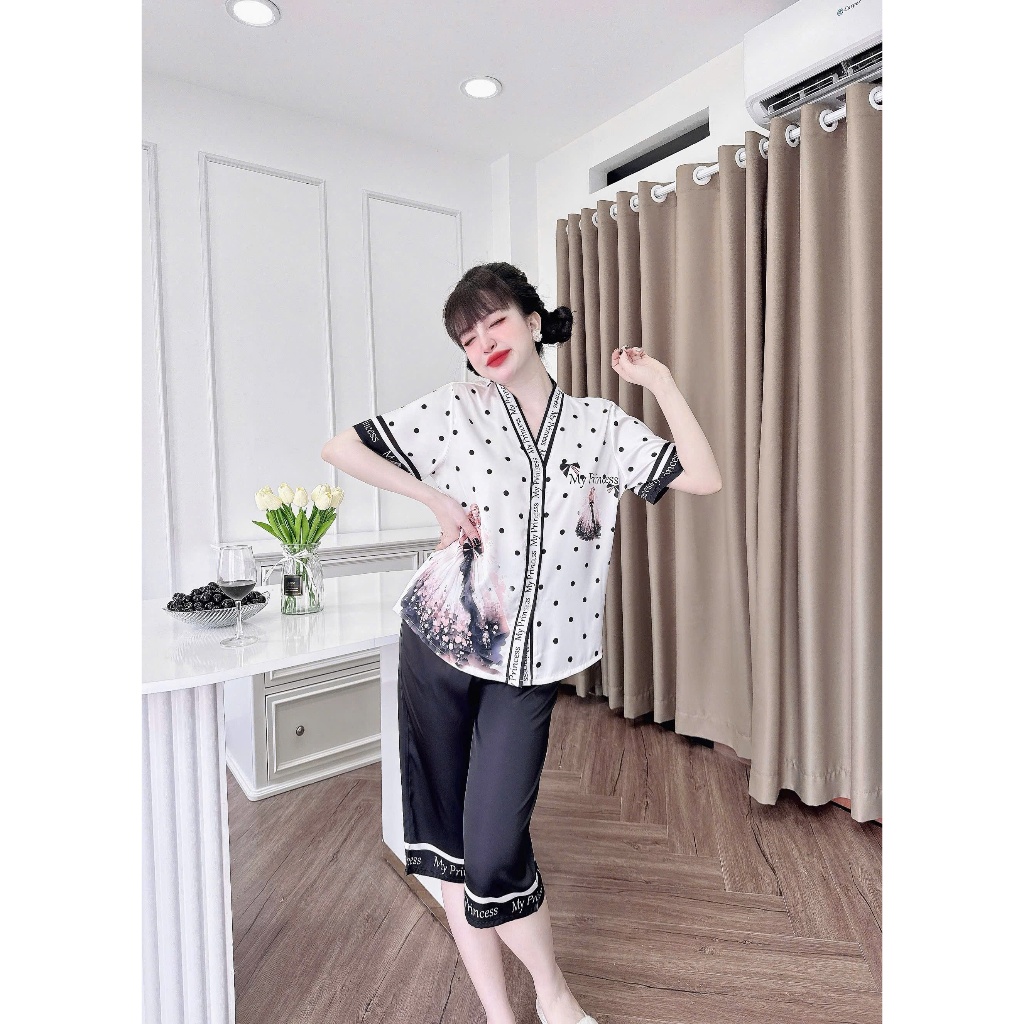 Bộ ngủ nữ cổ Y lửng họa tiết 3D chất liệu lụa latin thoáng mát thấm hút mồ hôi tốt, mềm mại S1235