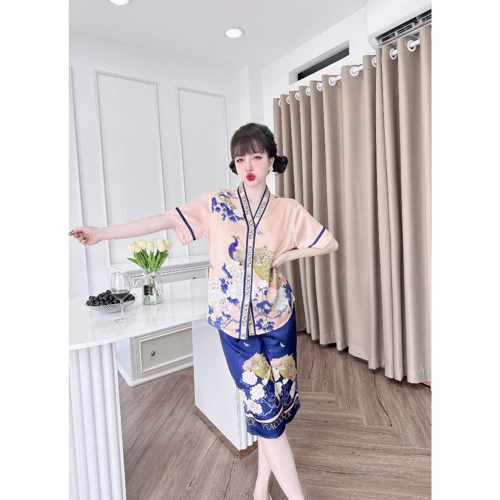 Bộ ngủ nữ cổ Y lửng họa tiết 3D chất liệu lụa latin thoáng mát thấm hút mồ hôi tốt, mềm mại S1235