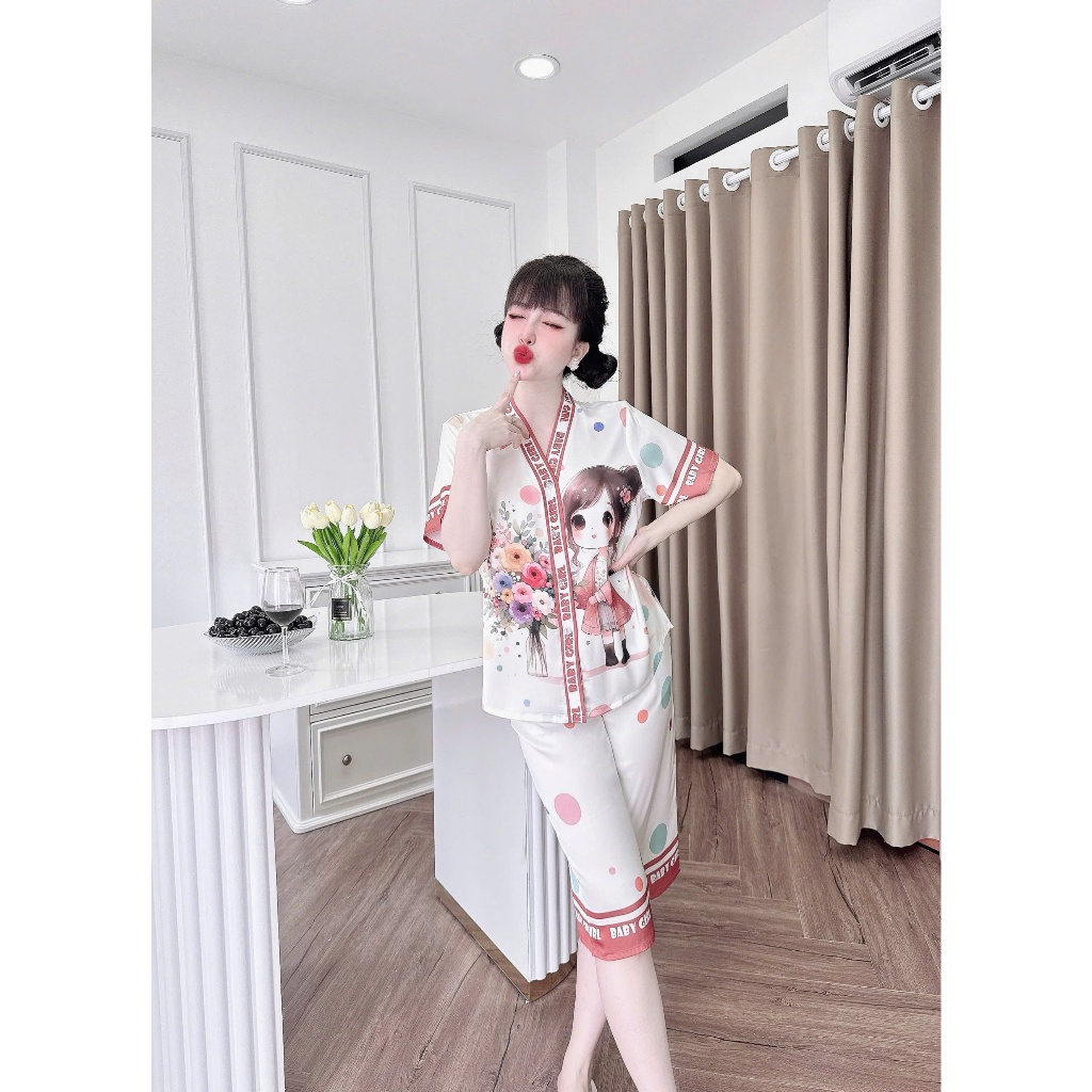 Bộ ngủ nữ cổ Y lửng họa tiết 3D chất liệu lụa latin thoáng mát thấm hút mồ hôi tốt, mềm mại S1235