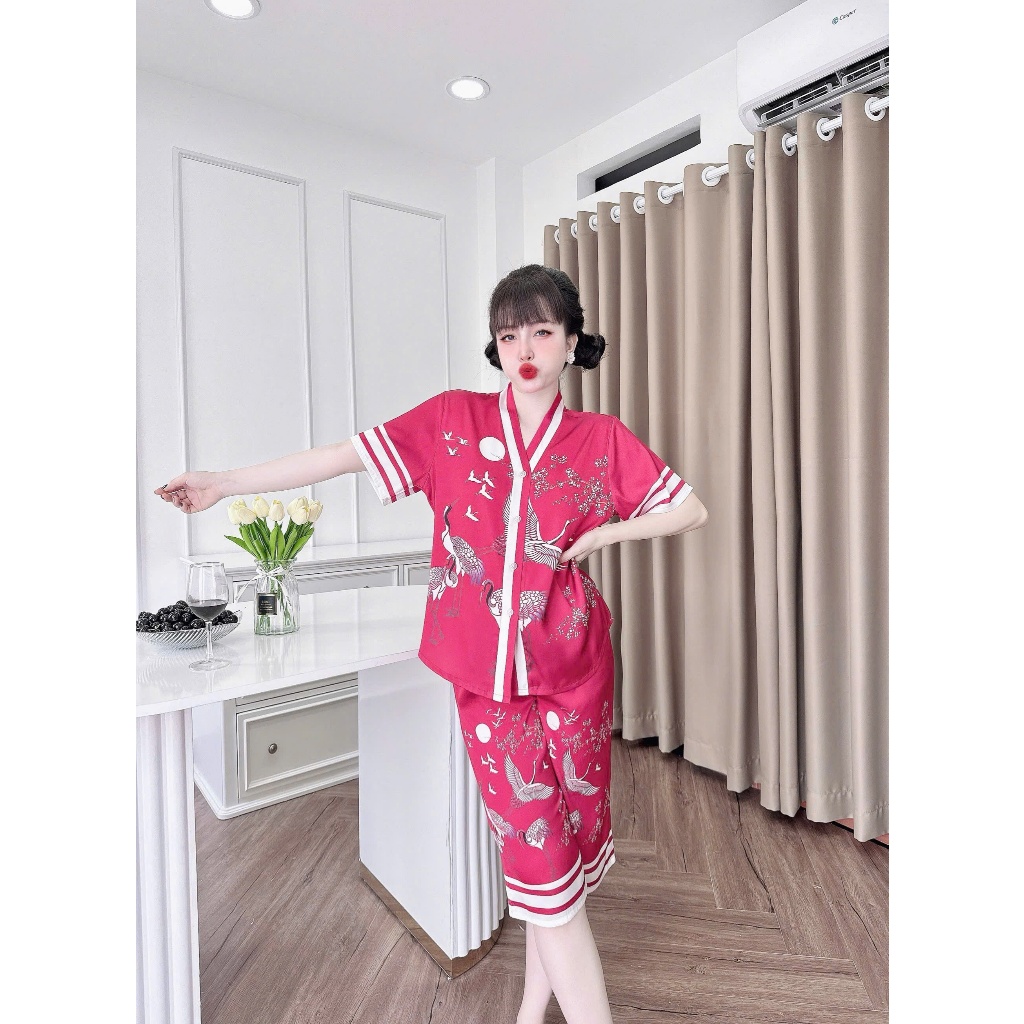 Bộ ngủ nữ cổ Y lửng họa tiết 3D chất liệu lụa latin thoáng mát thấm hút mồ hôi tốt, mềm mại S1235