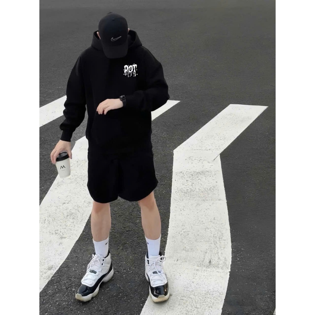 Set Bộ Áo HOODIE Quần Sort Phối Chữ POT Hình 2 Gấu Phong Cách Cá Tính Sành Điệu, Chất Liệu Nỉ Ngoại Ấm Áp, Dày Dặn