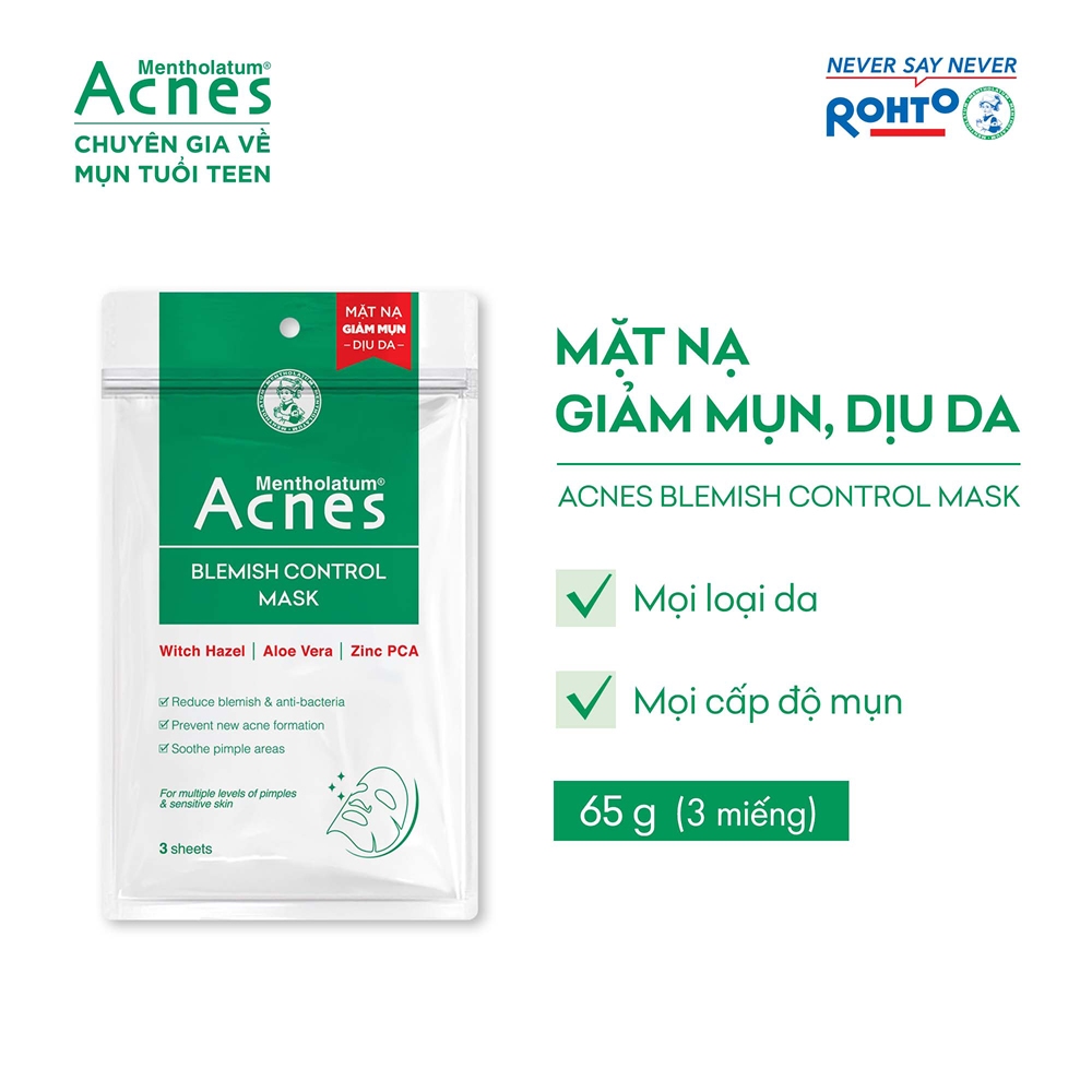 Mặt Nạ Acnes Giảm Mụn, Dịu Da 65g (3 Miếng)