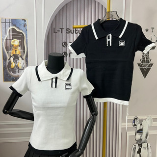 Áo len tăm polo cổ bẻ cộc tay đen trắng hoạ tiết chữ X thêu ngực mã 785