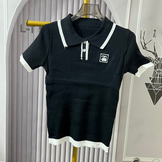 Áo len tăm polo cổ bẻ cộc tay đen trắng hoạ tiết chữ X thêu ngực mã 785