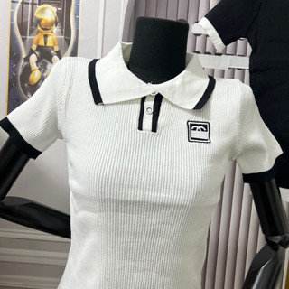 Áo len tăm polo cổ bẻ cộc tay đen trắng hoạ tiết chữ X thêu ngực mã 785