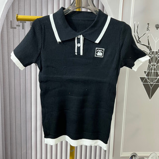 Áo len tăm polo cổ bẻ cộc tay đen trắng hoạ tiết chữ X thêu ngực mã 785