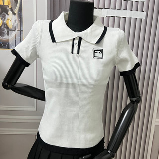 Áo len tăm polo cổ bẻ cộc tay đen trắng hoạ tiết chữ X thêu ngực mã 785