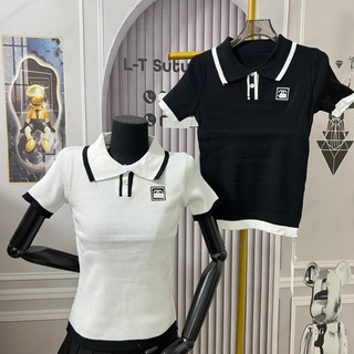Áo len tăm polo cổ bẻ cộc tay đen trắng hoạ tiết chữ X thêu ngực mã 785
