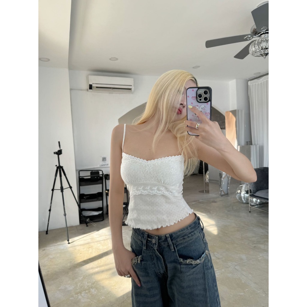 (CS) SECODEE Áo Hai Dây Nơ Ren Ôm ELEGANT TOP Áo Dây Viền Ren Chất Cotton Thoáng Mát GDR24091337
