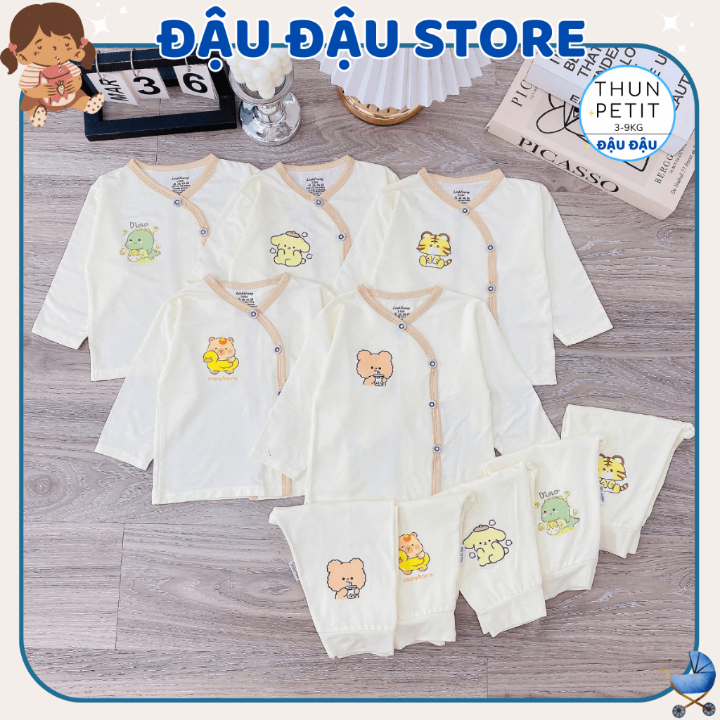 Combo 5 Bộ dài tay cho bé sơ sinh chất thun lạnh nền kem LT in hoạ tiết mềm mịn cho bé 3-9kg DL77 Đậu Đậu Store