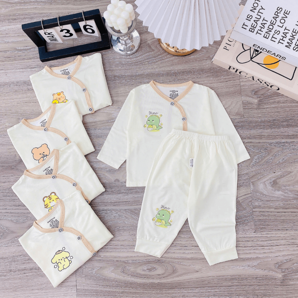 Combo 5 Bộ dài tay cho bé sơ sinh chất thun lạnh nền kem LT in hoạ tiết mềm mịn cho bé 3-9kg DL77 Đậu Đậu Store