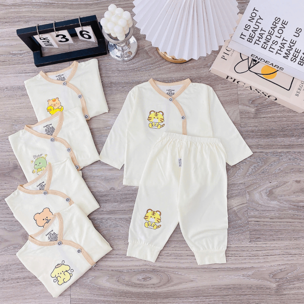 Combo 5 Bộ dài tay cho bé sơ sinh chất thun lạnh nền kem LT in hoạ tiết mềm mịn cho bé 3-9kg DL77 Đậu Đậu Store